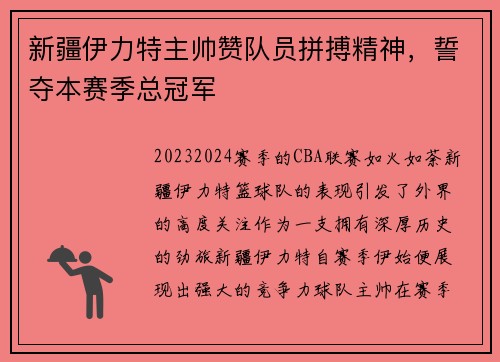 新疆伊力特主帅赞队员拼搏精神，誓夺本赛季总冠军